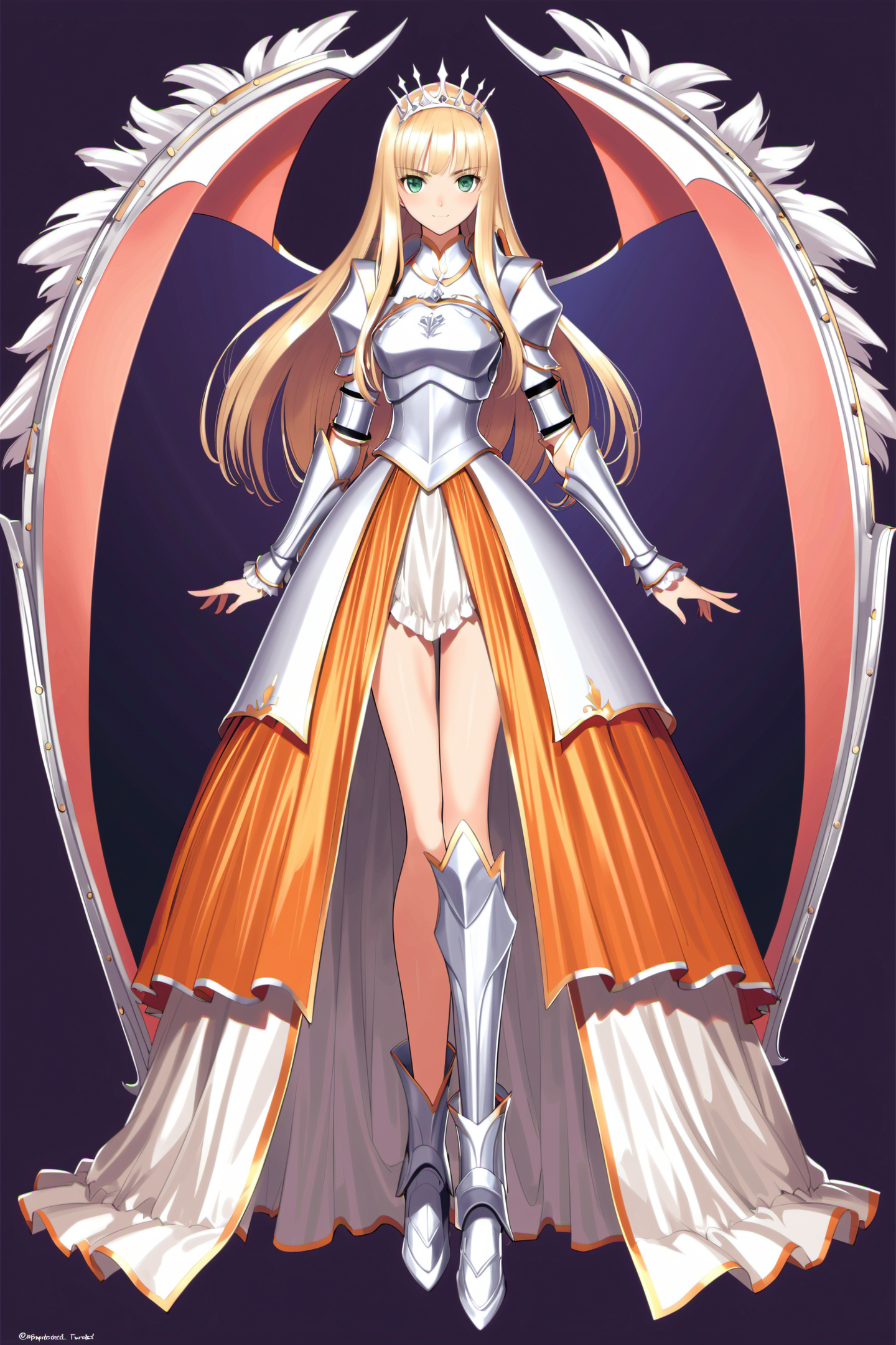21970-2563162560-1girl, long hair, blonde hair, armor, weapon, shield, solo, green eyes, armored dress, dress, gauntlets, looking at viewer, full.png